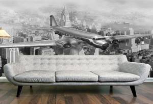 Черно-белые фотообои с городом и самолетом